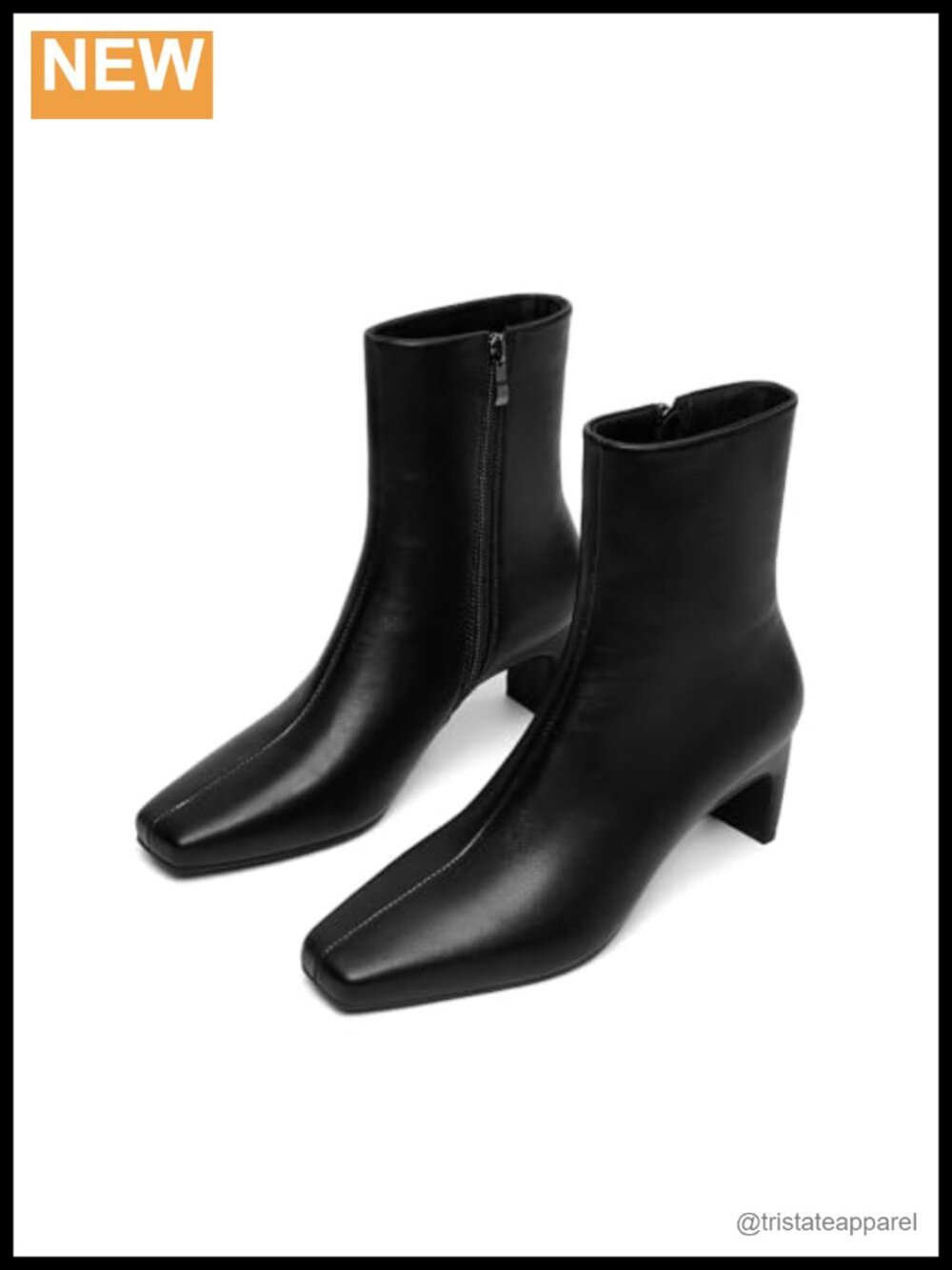 Square Toe Ankle Boots Chunky Block Heel Faux Leather Side Zip